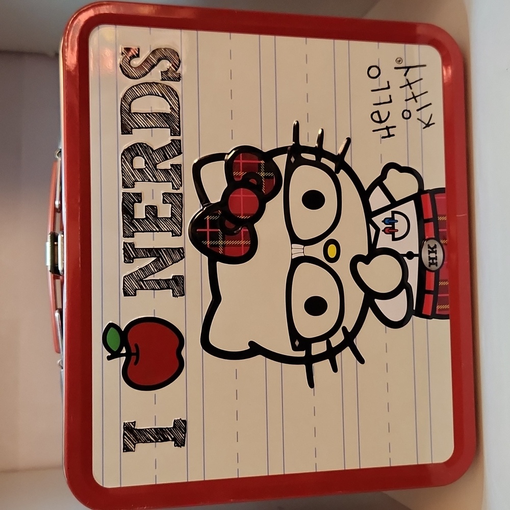 Hello Kitty Red & White Loungefly Embossed nerd Lunch Box with Red Plaid Sides